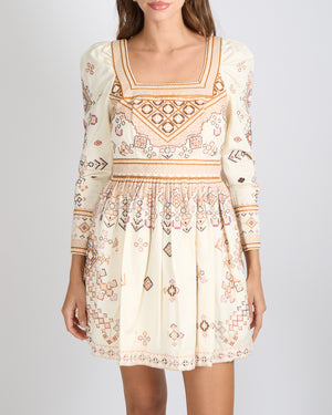Ulla Johnson Cotton and Linen Blend Embroidered Adilah Mini Dress in Ochre Size 0 (UK 4-6)