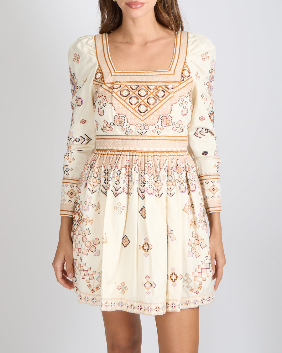 Ulla Johnson Cotton and Linen Blend Embroidered Adilah Mini Dress in Ochre Size 0 (UK 4-6)