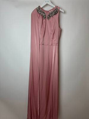 Alexander McQueen Pink Cape-Shoulder Satin Gown with Crystal Neckline & Belt Detail Size IT 42 (UK 10)
