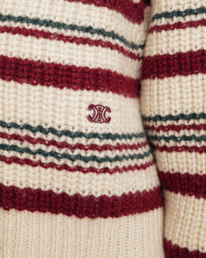 Céline Cream, Burgundy and Green Knit Wool Jumper with Triomphe Logo Detail Size FR 36 (UK 8) RRP £1,550