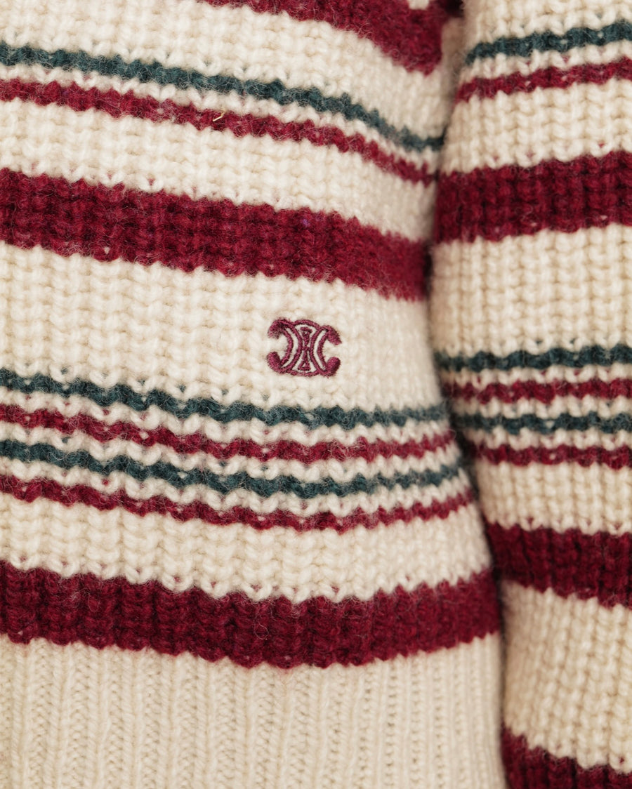 Céline Cream, Burgundy and Green Knit Wool Jumper with Triomphe Logo Detail Size FR 36 (UK 8) RRP £1,550