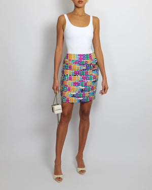Chanel Multi-Colour Silk Ruffled Mini Skirt with Logo Print Size FR 36 (UK 8)