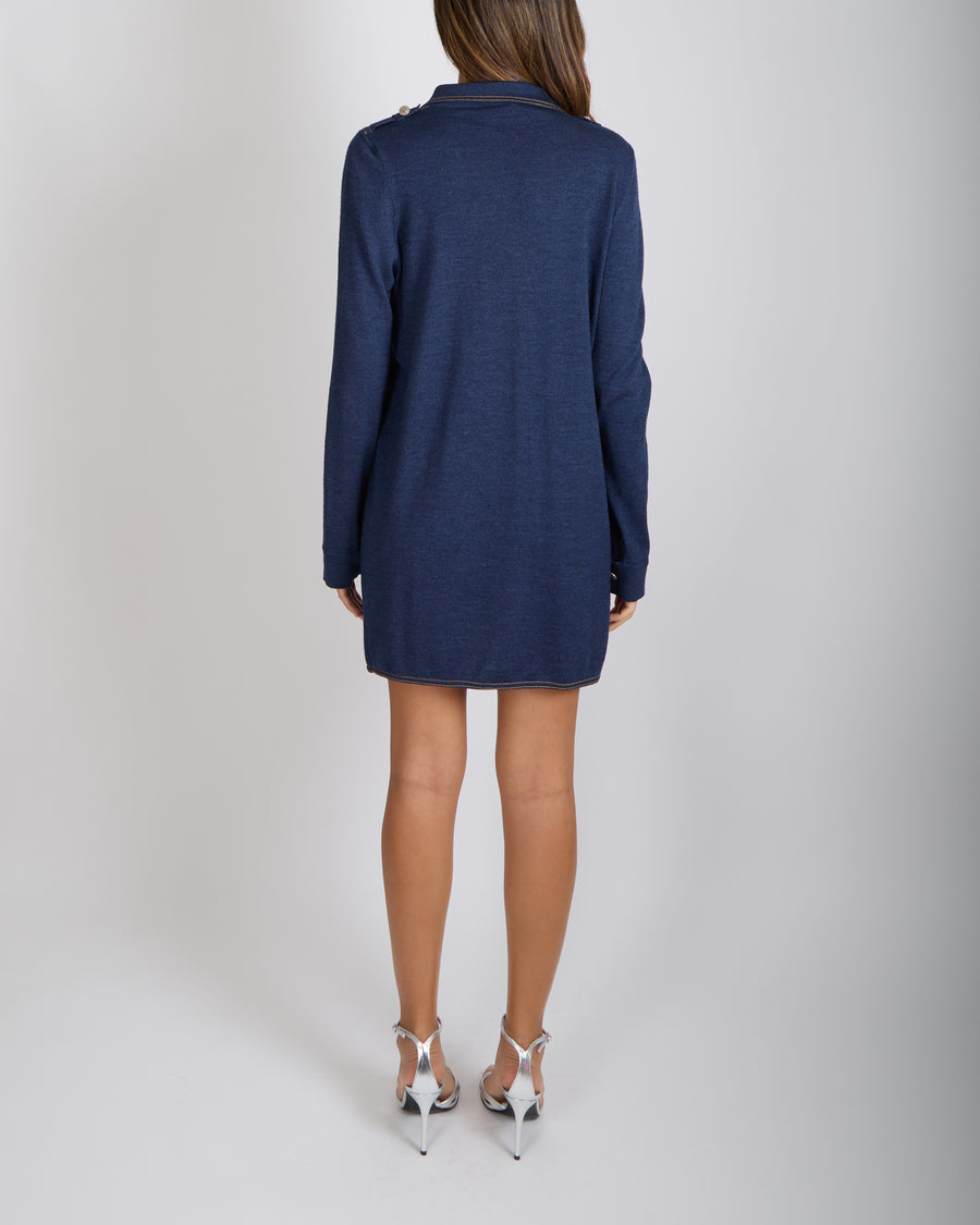 Chanel Denim Blue Wool Mini Long-Sleeve Dress with Silver CC Logo Buttons Size FR 42 (UK 14)