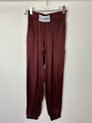 Celine Burgundy Satin Boxing Trousers with Cuffed Hems and Waistband Logo Detail Size FR 34 (UK 6)