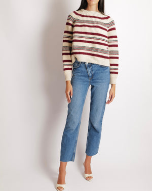 Céline Cream, Burgundy and Green Knit Wool Jumper with Triomphe Logo Detail Size FR 36 (UK 8) RRP £1,550