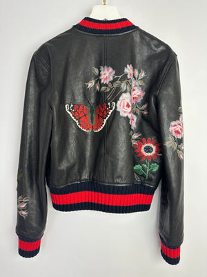 Gucci Black, Red and Navy Lambskin Leather Jacket with Flower Prints & Bees Embroidery Details Size IT 40 (UK 8)