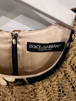 Dolce & Gabbana Navy Velours Long-Sleeved Mini Dress with Baroque Fantasy Prints with Gold Collar and Trim Size IT 40 (UK 8)