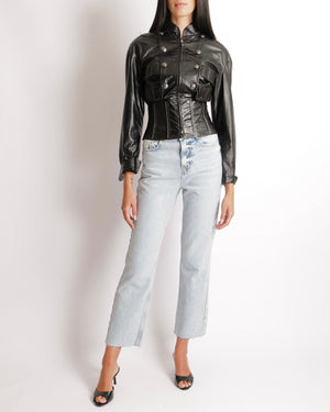 Chanel Black Distressed Leather Jacket with Silver Zippers Stitch Details and Silver Textured CC Logo Buttons Size FR 36 (UK 8)