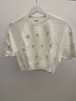 Christian Dior Kids White Cropped Knit Jumper with Floral Details and Pink Logo Size 8 years