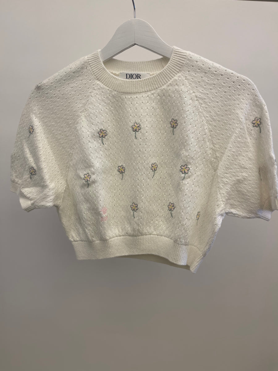 Christian Dior Kids White Cropped Knit Jumper with Floral Details and Pink Logo Size 8 years