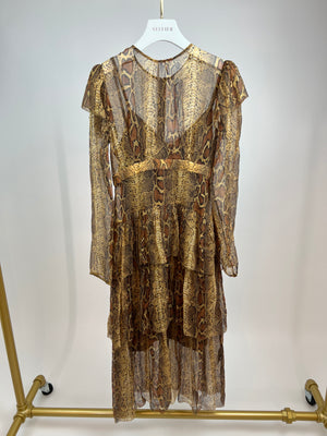 Zimmermann Brown Python Printed Long Sleeve Dress with Tiered Detail Size 1 (UK 10)