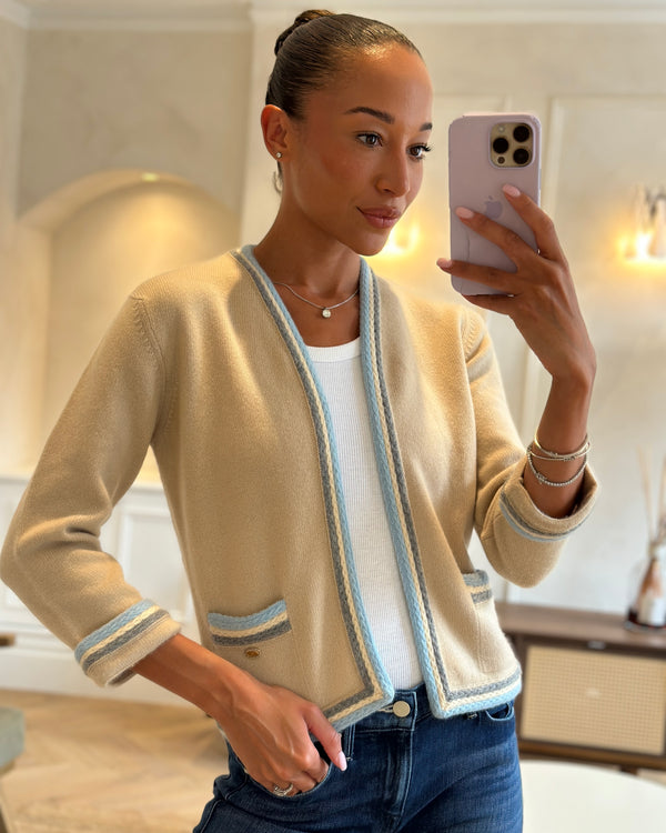 Chanel 05/A Beige Cardigan with Knitted Blue Trim Size FR 38 (UK 10)