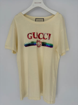 Gucci Cream Glitter Logo Embellished T-Shirt Size XS (UK 6)