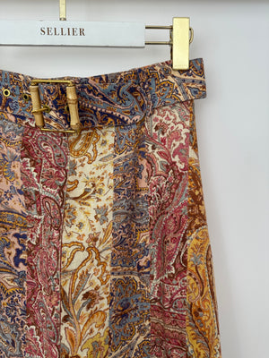 Zimmermann Orange and Brown Paisley Belted Linen Midi Skirt Size 1 (UK 10)