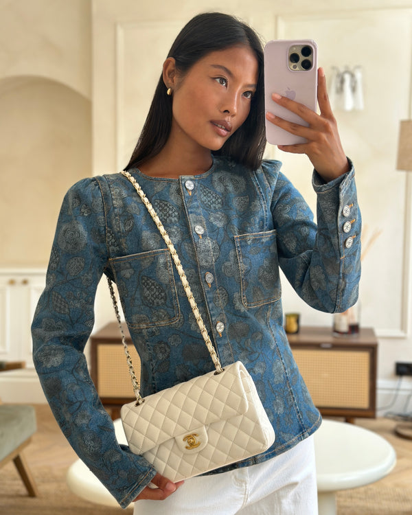*FIRE PRICE* Chanel White Small Classic Double Flap Bag in Caviar Leather with Champagne Gold Hardware