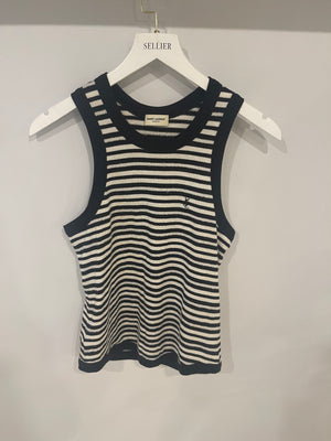 Saint Laurent Black and White Striped Sleeveless Cassandre Tank Top with Logo Detail Size XS (UK 6) RRP £445