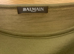 Balmain Khaki Wool Long-Sleeve Top with Gold Buttons Detail Size FR 36 (UK 8)
