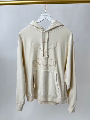 Gucci Cream Tennis Racket Embroidered Hoodie with Logo Detail Size IT 40 (UK 8)