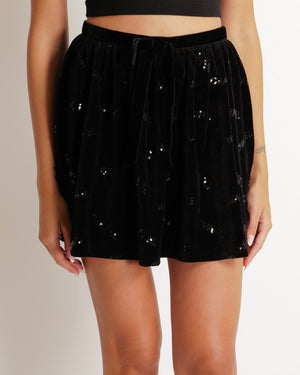 Chanel 22N Black Velours Mini Skirt with Sequin Embellished Logos and Bow Detail Size FR 36 (UK 8)