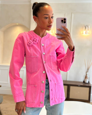 *HOT* Chanel 21S Hot Pink Denim Jacket with Detachable Camelia Brooches Detail Size FR 34 (UK 6)