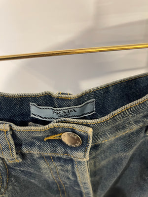Prada Blue High-Rise Straight Leg Jeans with Black Logo Detail Size 26 (UK 8) RRP £980