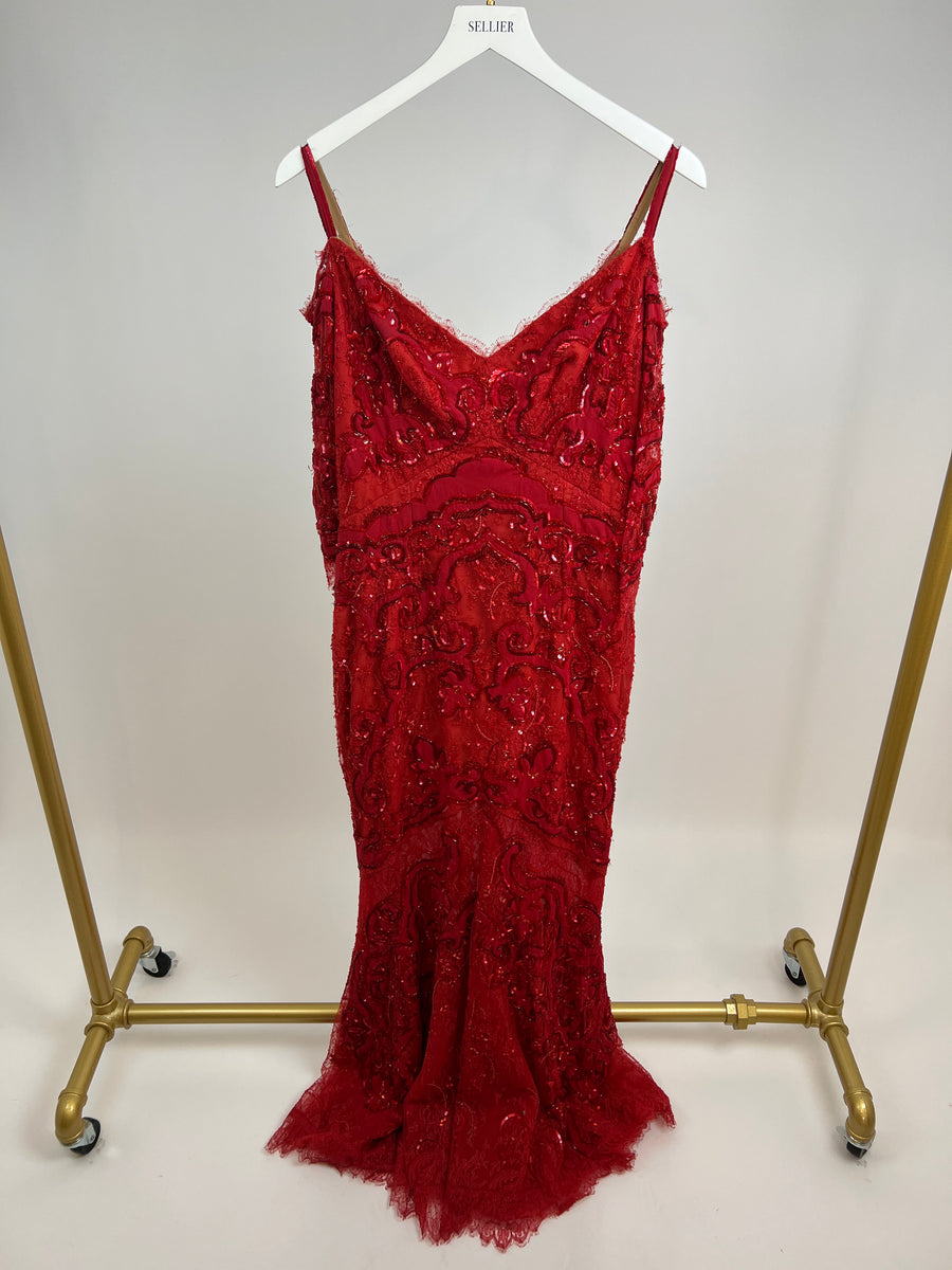Zuhair Murad Red Sequin Embellished Off-Shoulder Fishtail Gown Size FR 40 (UK 12)