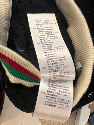 Gucci Black Lace Bomber Jacket with White, Red and Green Knitted Collar and Cuffs and GG Logo Detail Size IT 38 (UK 6)