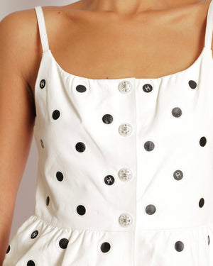 Chanel 23S White and Black Lambskin Leather Polka Dot Sleeveless Top with Lace Trims and Crystal Embellished Pearl CC Logo Buttons Size FR 34 (UK 6)