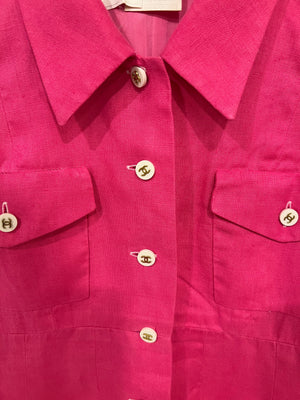 Chanel 95P Vintage Barbie Pink Linen Mini Dress and Cropped Jacket Set with Gold CC Logo Buttons Size FR 38 (UK 10)
