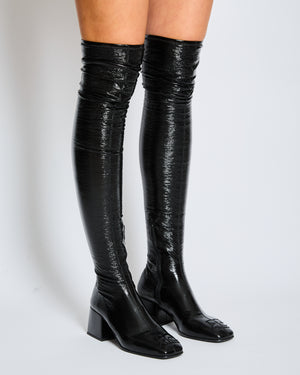 Courrèges Black Patent Knee High Logo Boots Size EU 39