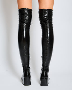 Courrèges Black Patent Knee High Logo Boots Size EU 39