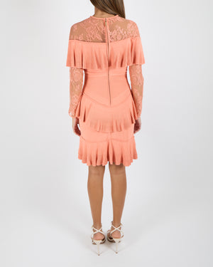 Elie Saab Resort 2018 Coral Pink Long-Sleeve Mini Ruffle Dress with Lace Details Size FR 38 (UK 10)