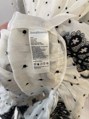 Zimmermann White and Black Polka Dot Long-Sleeve Linen Silk Mini Beach Cover Dress with Belt Detail Size 2 (UK 12)