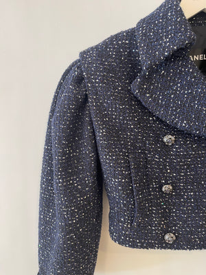 *HOT* Chanel 2025 Métiers d'Art Runway Navy Tweed Cropped Jacket with Crystal Embellished Button Details Size FR 34 (UK 6) RRP £6,250