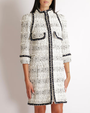 Chanel Fall 2017 White and Black Tweed Long Jacket with Black and White Pearl Embellishments and Front Pocket Details Size FR 36 (UK 8)