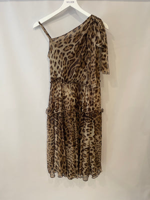 Dolce & Gabbana Brown Silk Leopard Asymmetric Tiered Midi Dress Size IT 44 (UK 12)