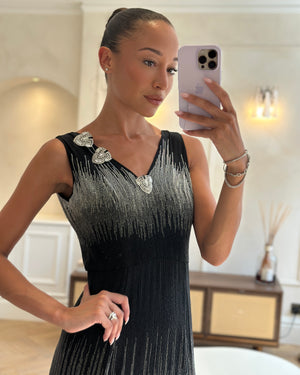 Oscar De La Renta Black and Silver Beaded Midi Dress With Crystal Applique Details Size US 4 (UK 8)