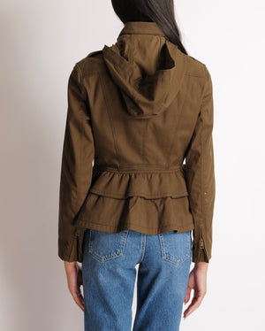 Burberry Khaki Hooded Jacket with Tiered Bottom Detail Size UK 8