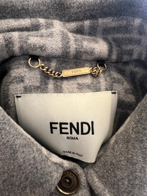 Fendi Grey Wool Belted Coat with FF Logo Lining Gold Logo Buttons Size IT 42 (UK 10) RRP £3,600