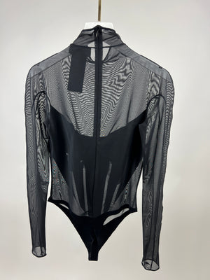 Mugler X Wolford Black Mesh Bodysuit with Velvet Panel Detail Size S (UK 8)