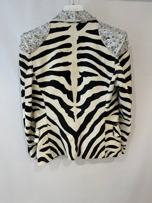 Balmain Zebra Calfskin Leather Jacket with Crystal Embellishments Size FR 38 (UK 10)