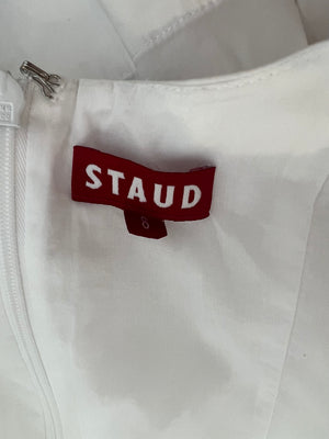 Staud White Midi Dress with Square Neckline Detail and Puff Sleeves Size US 8 (UK 12)