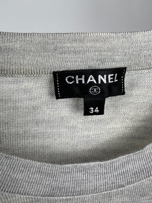 Chanel Grey Round Neck Long Sleeve Top with Quilted Pocket Detail FR 34 (UK 6)