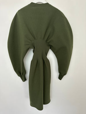 Bottega Veneta Khaki Green Balloon-Sleeve Wool Knee-Length Dress Size XS (UK 6)