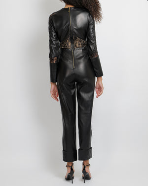 Elie Saab Black Leather Jumpsuit with Lace Sleeves and Inserts Size FR 38 (UK 10) RRP £4,350