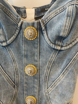 Balmain Denim Mini Dress with Silver and Gold Buttons Size FR 36 (UK 8)