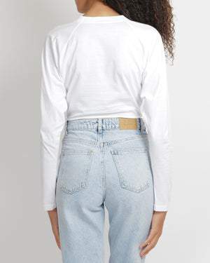 Miu Miu White Long-Sleeved Cropped Top with Front Knot Detail and Black Miu Miu Club Logo Print Size IT 42 (UK 10)