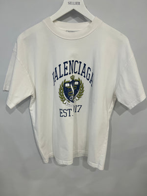 Balenciaga White T-Shirt with Navy Logo and Crest Print Size S (UK 8)