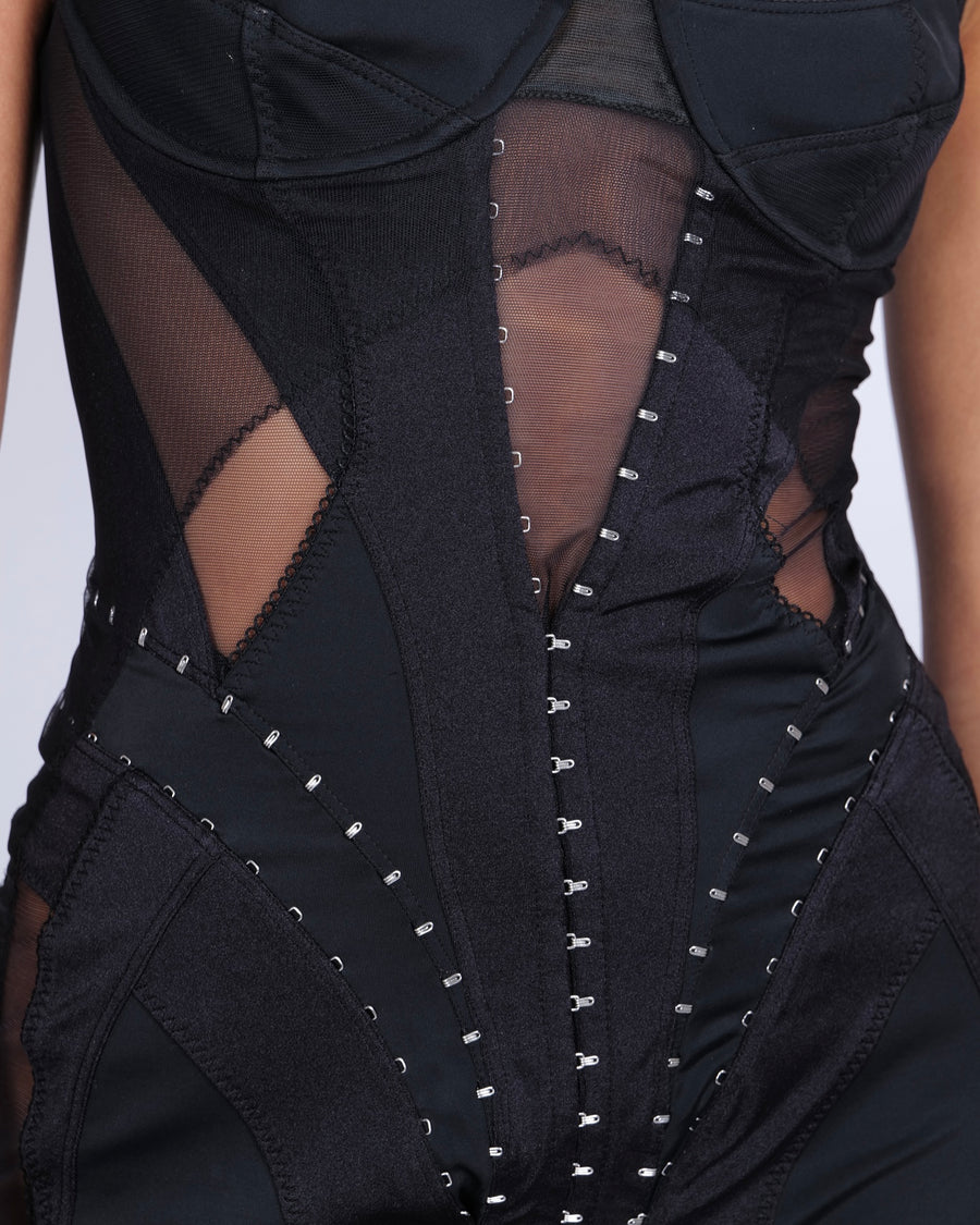Mugler Black Corset Mini Dress with Hooks and Cut-out Tulle Details Size FR 40 (UK 12) RRP £1,680