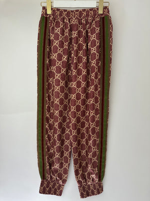 Gucci Burgundy and Cream Silk GG Monogram Joggers with Gold Metallic Side Detail Size XS (UK 6)
